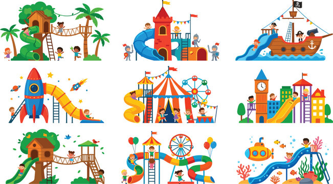 
Kids Playground Icon Set with Treehouse, Pirate Ship, Rocket, Circus, Ferris Wheel, Water Slide, and Fun Play Elements for Children Designs
