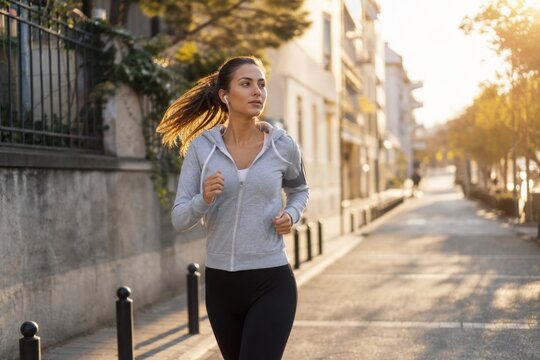 Determined female runner in gray hoodie and black leggings jogging through a sunlit urban street during golden hour, focused expression with windblown hair, fitness lifestyle and healthy living