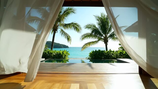 Stunning tropical beach resort view from a luxurious villa with billowing white curtains.