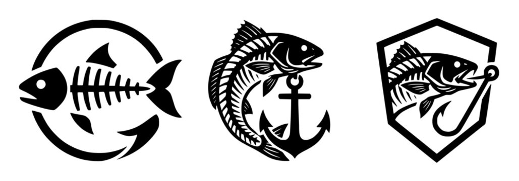 Set of Skeleton Redfish Fishing Badges. Stylized Red Drum Bone Vector Emblems with Anchor and Fishhook.