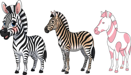 Obraz premium Cute Cartoon Zebra Character Set — Baby Zebra, Realistic Zebra, and Pink Outline Coloring Page Style for Kids