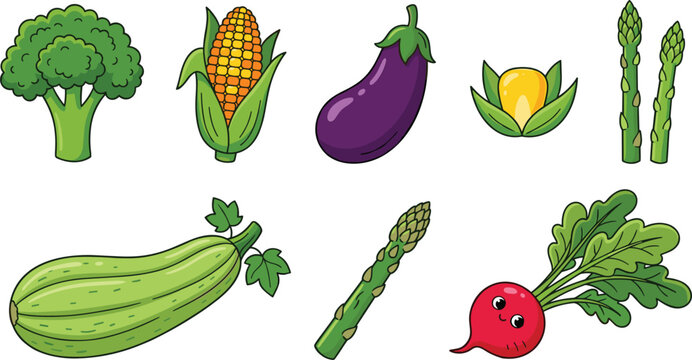 Colorful vegetable icons set including broccoli corn eggplant asparagus zucchini and radish for healthy food illustration