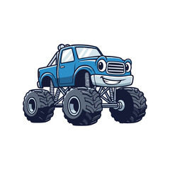 Cute Blue Monster Truck Character with Big Tires and Smiling Face. © kiki