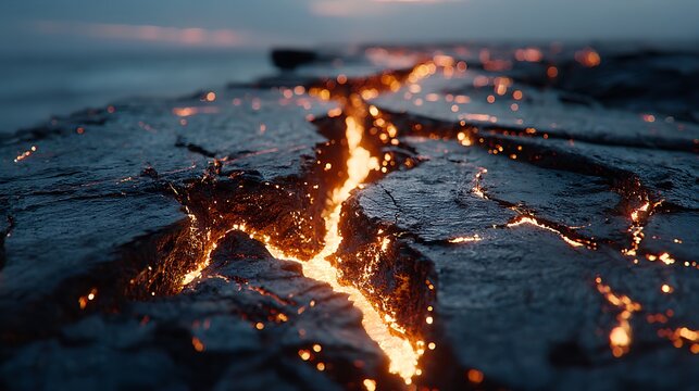 Lava cracks glowing beneath dark volcanic rock crust images