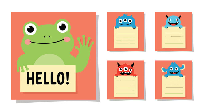 Set of cute animal and monster character cards designed for children feature a frog and various creatures holding blank signs for notes.
