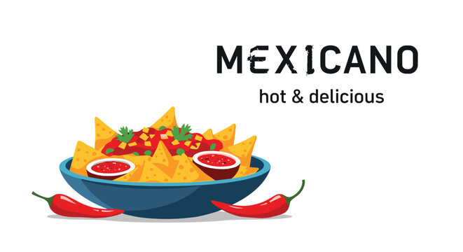 Delicious bowl of mexican nachos topped with salsa and herbs served with dipping sauces and red chili peppers on a clean white background.