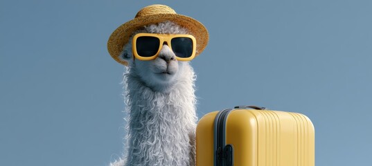 Obraz premium Alpaca in office meeting with sunglasses and straw hat beside suitcase