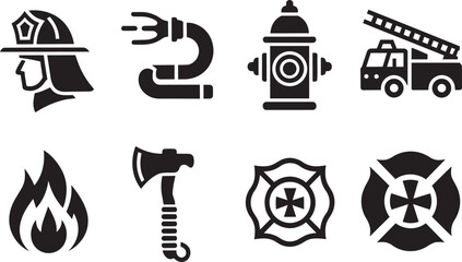 Naklejka premium Firefighter helmet and equipment icons set featuring fire hose axe and truck for safety and rescue