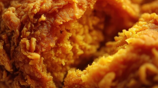 Golden crispy breading coats a piece of fried chicken in a  macro view.