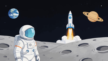 Astronaut on moon with rocket launch © D3