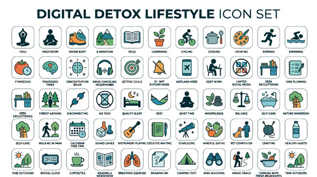 Digital Detox Lifestyle Icon Set for Mindfulness, Mental Health, and Offline Wellness Activities.
