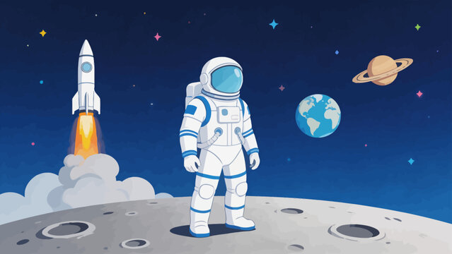 Astronaut on moon with rocket and planets