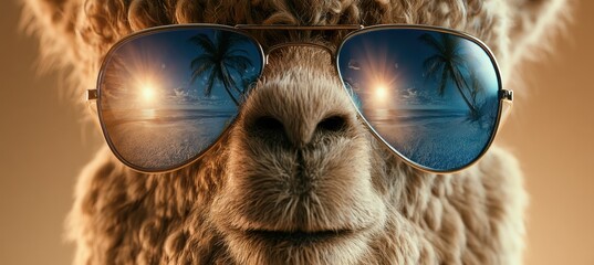 Obraz premium Alpaca Wearing Sunglasses at Beach Summer Scene