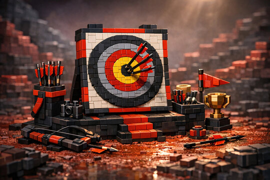 A vibrant LEGO construction featuring a target design with gold center, accompanied by a gold trophy and red and yellow flags on a gray base.