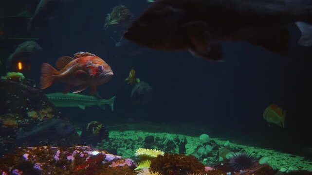 A close up shot of a giant Arapaima fish (Arapaima gigas), also known as pirarucu, swimming slowly in an aquarium.