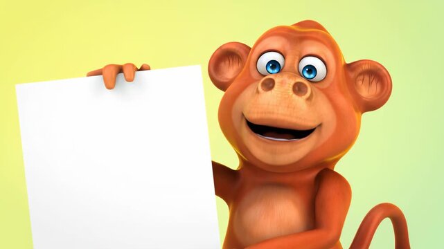 Animated Monkey Holding Blank Sign, Smiling, Cartoon Style, Advertisement.