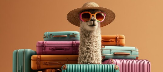Obraz premium Funny alpaca with sun hat and sunglasses over summer luggage