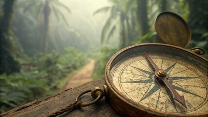 Obraz premium Vintage compass on wooden table with jungle path in background evokes india wildlife tour adventure and exploration