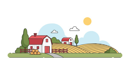 Vector illustration of a tranquil farm landscape with barns and fields. © Hasanz