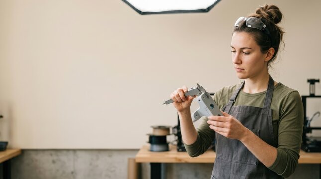 Engineer measuring 3D - printed part in workshop