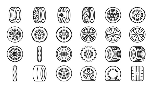 Car tire icon set with wheel rims winter snow treads off road patterns flat tires alloy wheels and rubber treads