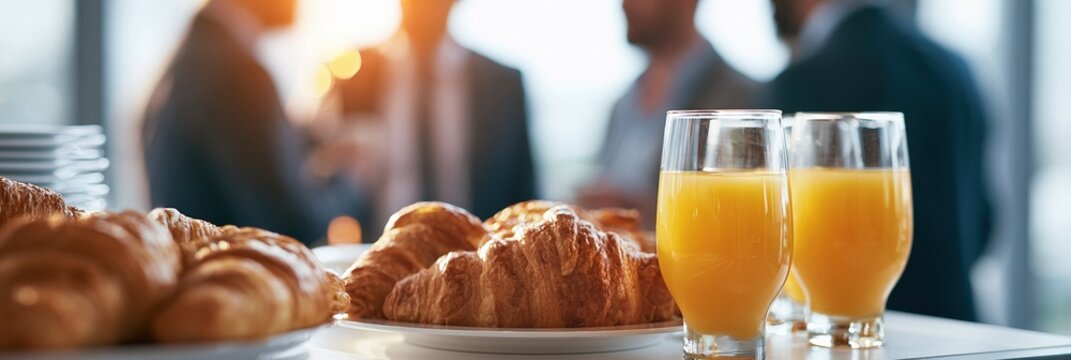 Corporate event catering. Glasses of mango and multifruit juice with fresh croissants on a table. Blurred business networking background. Panoramic web banner header
