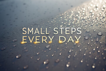 Fototapeta premium Dark glossy background with scattered water droplets featuring motivational text small steps every day symbolizing persistence discipline and gradual progress Generative Ai.