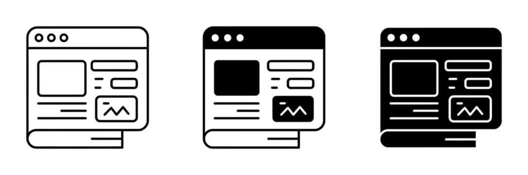 Website layout silhouette icons set, solid black style, for digital business development internet technology