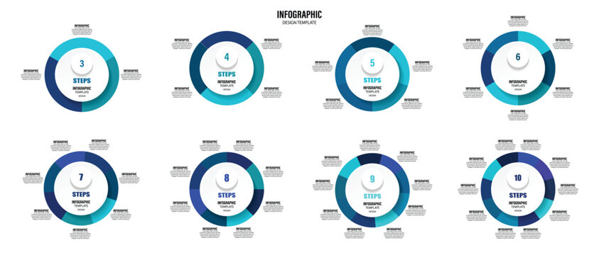 Vector circular infographic template set for presentation business infographic, 3, 4, 5, 6, 7, 8, 9, 10 options or steps are designed for business presentations,annual reports,visualize data,process.