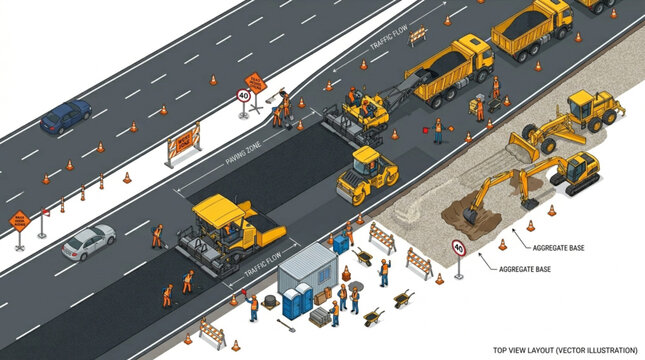 Road construction crew working on highway asphalt paving project.