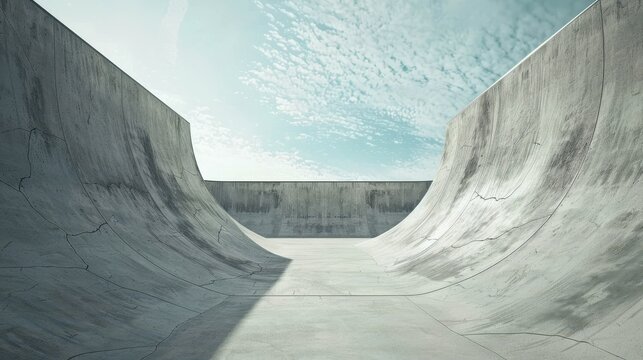 Concrete skate park structure featuring a half pipe under a cloudy sky