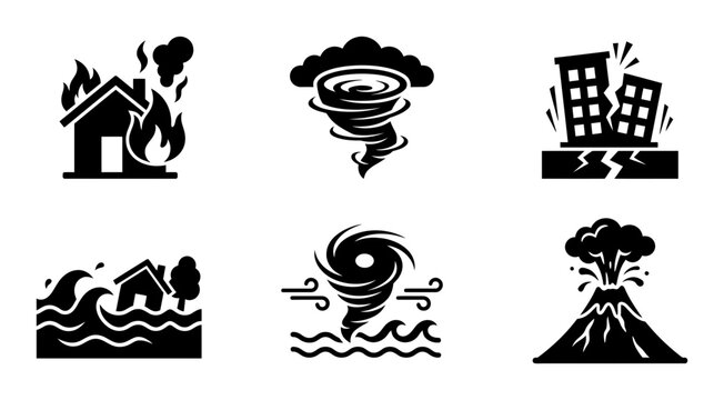 6 Natural disaster silhouette icons set, solid black style, emergency risk management and warning concepts