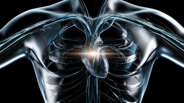 Medical cardiovascular torso scan glowing heart, digital anatomy chest concept, human rib cage, futuristic healthcare background, glossy blue structure