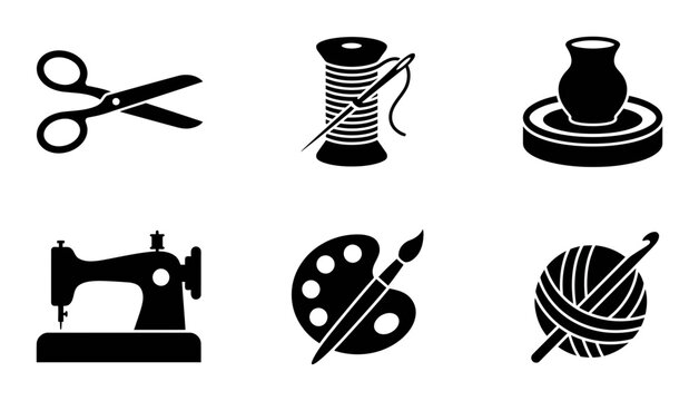 6 Crafting silhouette icons set, solid black style, creative hobbies and handmade activities collection