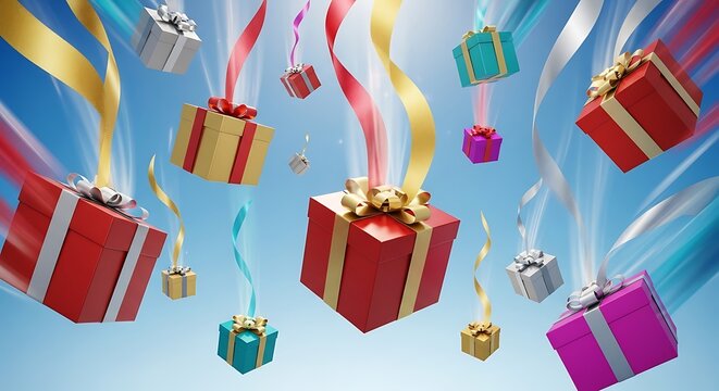 Colorful Gift Boxes Falling with Ribbons and Light Trails on Blue Background, Festive Celebration Sale Concept, Holiday Presents Flying in Motion