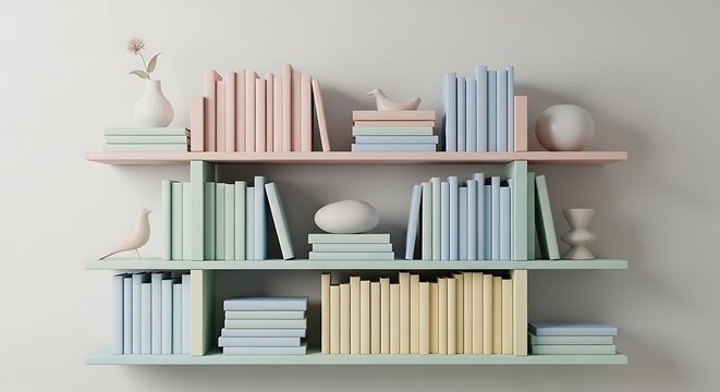 Minimalist Pastel Bookshelf with Decorative Objects and Books, Modern Scandinavian Interior Design in Soft Neutral Colors