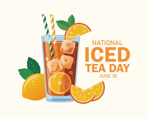 National Iced Tea Day vector illustration. Glass of ice tea with lemons drawing. Iced tea with citrus and mint leaf icon. Glass of lemonade with a straw vector. June 10 each year. Important day © MD ABDUL MATIN