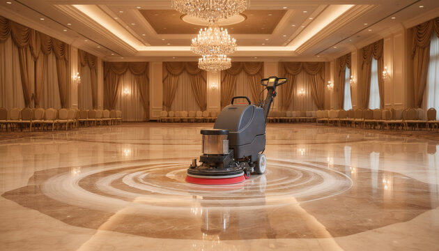 professional automatic floor scrubber machine cleaning polished marble surface in a grand luxury ballroom with chandeliers and elegant interior design janitorial service concept background