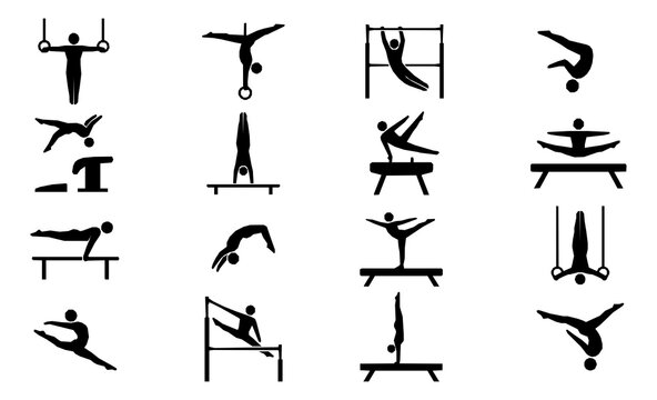 Artistic Gymnastics Rings and Bars Silhouette Icon Set