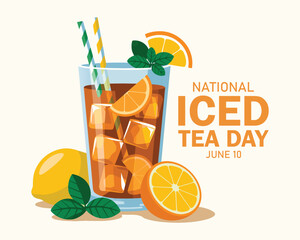 National Iced Tea Day vector illustration. Glass of ice tea with lemons drawing. Iced tea with citrus and mint leaf icon. Glass of lemonade with a straw vector. June 10 each year. Important day © MD ABDUL MATIN