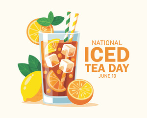 National Iced Tea Day vector illustration. Glass of ice tea with lemons drawing. Iced tea with citrus and mint leaf icon. Glass of lemonade with a straw vector. June 10 each year. Important day © MD ABDUL MATIN