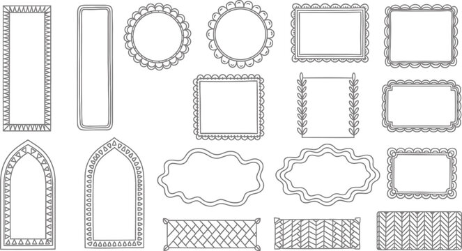 Assorted decorative frames and borders in various shapes including rectangle circle oval and arch on transparent background.