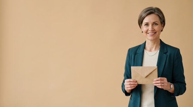 Smiling woman holding plain envelope in business attire