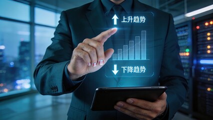 Fototapeta premium Businessman in suit using tablet to interact with futuristic holographic chart showing growth and decline trends in server room