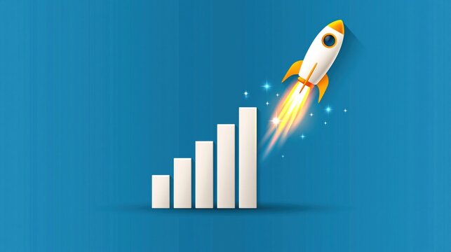 Rocket ship soaring above a bar chart symbolizes rapid business growth and successful market.