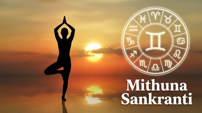 Mithuna Sankranti, Peaceful yoga pose silhouetted by rising sun and zodiac.
