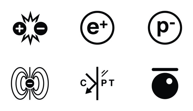 Physics Symbols Vector Icons: Charge, Electron, Proton, Magnetic Field, Particle Interactions, Atom Nucleus, Scientific Concepts, Education Graphics