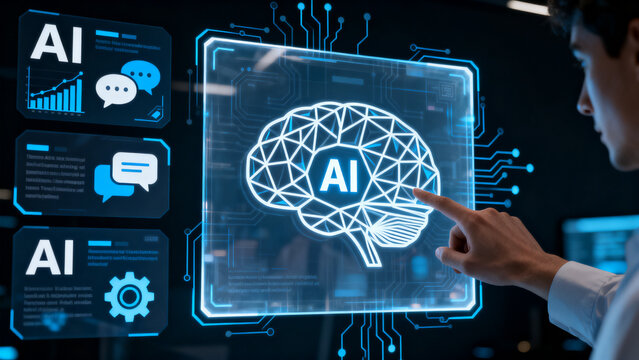 Futuristic AI interface displays a digital brain with chat bubbles and gears, showcasing artificial intelligence concepts and advanced technology