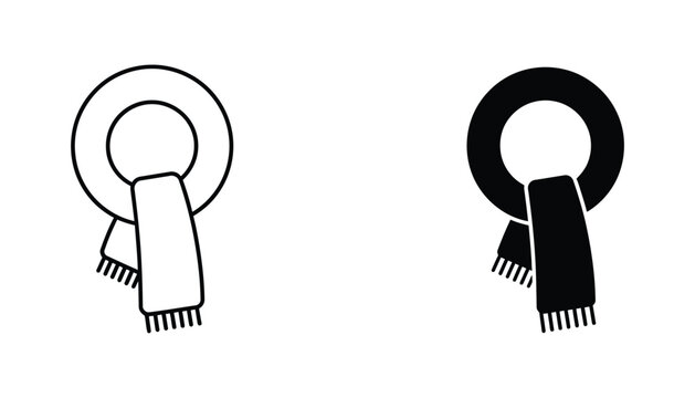 Winter scarf icon depicted in simple thin line art and solid black silhouette for cold weather apparel