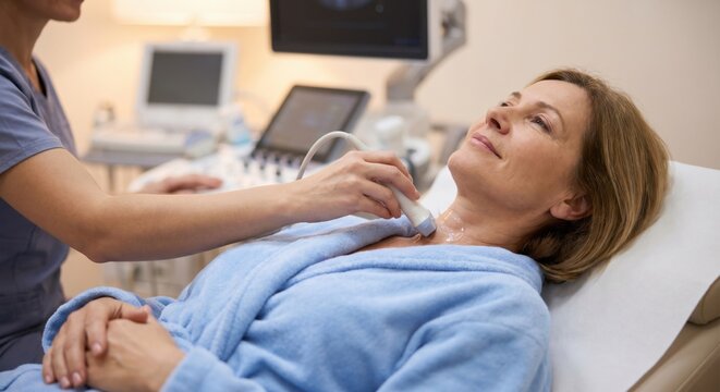Woman getting skin firming ultrasound treatment on neck